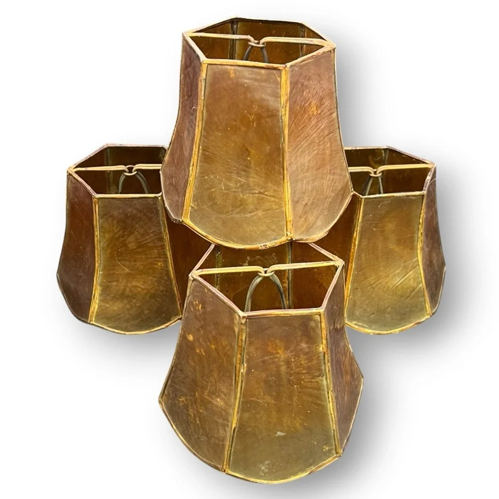 Vintage Set of 4 Amber Capiz Shell Clip-On Chandelier Candelabra Lamp Shades MCM